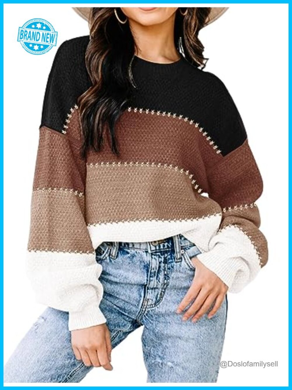 Womens Oversized Color Block Pullover Sweater Batwing Sleeve Knit Tunic Top